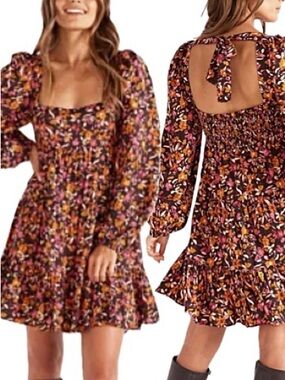 MINKPINK Sorrento Floral Babydoll Dress Size Large Tiered Ruffle Tie Neck Mini